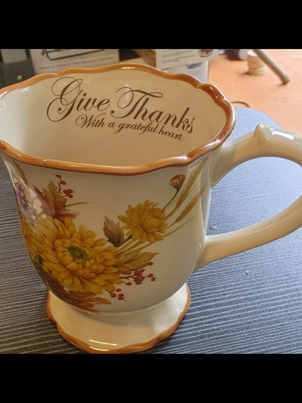 Yellow Floral Ceramic Mug with Orange Trim CRACKER BARREL